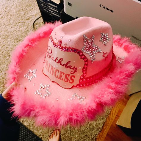 21st Birthday Cowboy Hat Diy, Bedazzled Cowboy Hat, 19 Bday, Dolly Parton Birthday, Pink Boa, Teenage Halloween Costumes, Harry Styles Concert Outfit, Custom Cowboy Hats, Swag Hats