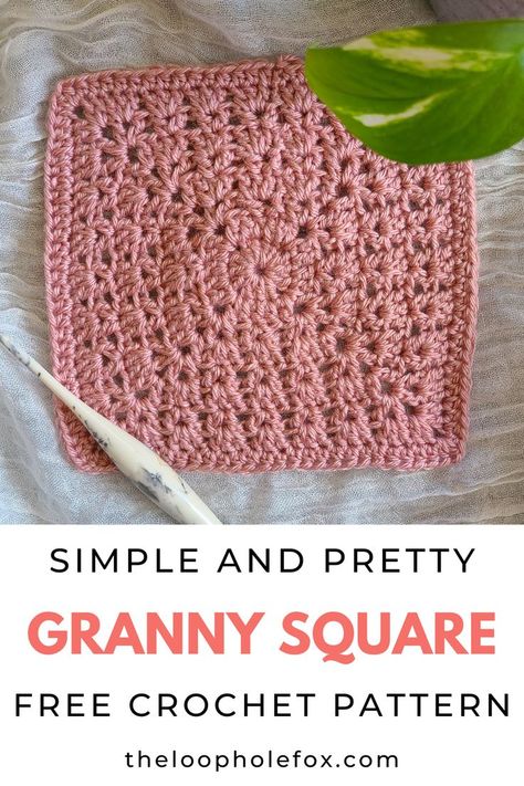 This image shows the crochet granny square pattern sample laid flat on a white fabric background. The square is made in a light pink color. A crochet hook sits diagonally across the square in the lower left hand corner and in the upper right corner, a bit of a houseplant peaks in. The text reads "Simple and Pretty Granny Square Free Crochet Pattern" 12 Granny Square, No Hole Granny Square Pattern, Crochet Waffle Stitch Granny Square, Crochet A Square A Day, Afgan Granny Square, Endless Granny Square Crochet Pattern, Granny Square Modern Crochet Pattern, Solid Colour Granny Square, Different Granny Square Stitches