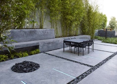 concrete paver Fire Pit Materials, Concrete Patios, Concrete Walls, Concrete Bench, River Rocks, Modern Fence, Casa Exterior, Patio Interior, Interior Modern