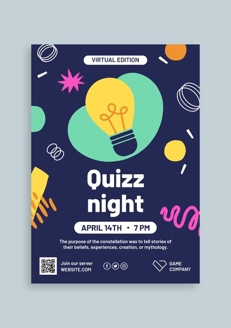 Hand-drawn Virtual Quiz Night Flyer Quiz Poster Design Ideas, Quiz Night Ideas, Quiz Poster, Trivia Night Flyer, Christmas Quiz, Quiz Design, Pub Quiz, Question Game, Trivia Night