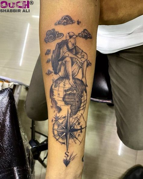 Globe Sleeve Tattoo, Wanderlust Tattoo Sleeve, Time Traveler Tattoo, On Top Of The World Tattoo, Adventure Travel Tattoos, Map Tattoos Men, Travel Tattoos Men, Travelling Tattoos Men, Travel Tattoo Men Adventure