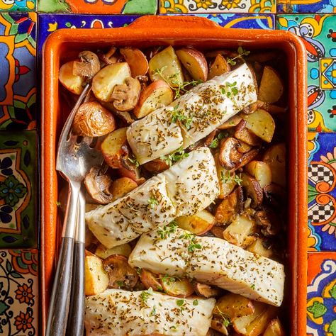 Provençal Baked Fish with Roasted Potatoes & Mushrooms Recipe - EatingWell - JUST WANT FOR POTATOES AND MUSHROOMS Potatoes And Mushrooms, Potatoes Mushrooms, Fish Recipes Baked, Mediterranean Food, Baked Fish, Mediterranean Diet Recipes, Eat Well, Mushroom Recipes, Roasted Potatoes