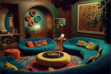 Retrofuturism House, Futuristic 70s Interior Design, Retro Futurism Furniture, Retro Futuristic House, Retrofuture Interior, Avant Garde Interior Design, Apt Aesthetic, 60s Interior Design, Lgbtq Aesthetic