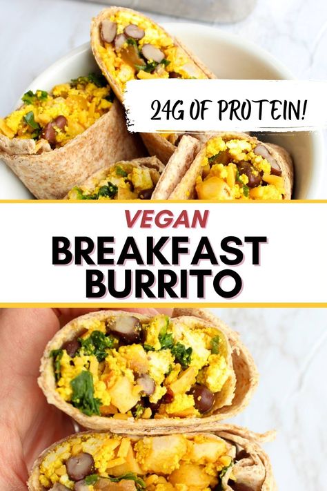 Easy vegan breakfast burrito. Make ahead and freeze to have breakfast ready to go all week. Savory vegan tofu scramble, potatoes, black beans and vegan cheese wrapped in a flour tortilla. Savory vegan breakfast recipe idea for when you’re sick of eating oatmeal. #vegan #breakfast #freezermeal #mealprep #highprotein Breakfast Burrito Freezer, Savory Vegan Breakfast, Vegan Tofu Scramble, Easy Vegan Breakfast, Vegan Breakfast Casserole, Breakfast Burritos Frozen, Tofu Scramble Vegan, Vegan Breakfast Burrito, Vegan Breakfast Easy