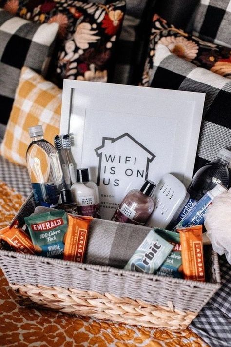 KBStyled is sharing a few tips on making your guests feel welcomed with comforts of home from Walmart! Have a welcome basket ready with an extra blanket, some snacks & water, toothbrushes and toothpaste, an extra charging station, a frame with your WiFi information, a loofah and some bath and body products!⁣ Offer plenty of bath towels, hand towels, and wash cloths as well as baskets or jars for cotton swabs and cotton balls.⁣ For more home decor and hosting tips see her Instagram for more! #ad Guest Welcome Baskets, Shopping List Clothes, Welcome Basket, Welcome Baskets, Hosting Tips, Lara Bars, Modern Farmhouse Home Decor, Bath And Body Products, Casual Outfits For Moms