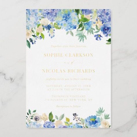 $3.75 | Blue Watercolor Hydrangeas Botanical Wedding #wedding, wedding invitation, gold foil wedding invitation, foil pressed wedding invitation, gold leaf wedding invitation, foil stamped wedding invitation, botanical, watercolor, hydrangea, hydrangea wedding invitation Hydrangea Invitation, Watercolor Hydrangeas, Hydrangea Wedding Invitations, Popular Wedding Invitations, Postcard Wedding, Postcard Wedding Invitation, Wedding Invitations Leaves, Foil Stamped Wedding Invitations, Watercolor Hydrangea