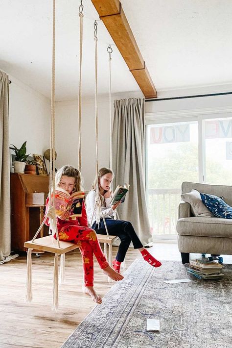 Swing In Living Room, Bedroom Swing, Room Swing, Indoor Swing Chair, Diy Swing, Diy Curtain Rods, Indoor Hammock, Indoor Swing, Floating Shelves Diy