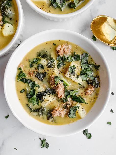 Gluten-Free Zuppa Toscana Soup (Dairy-Free) Zuppa Toscana Soup Gluten Free, Gluten Free Dairy Free Zuppa Toscana, Dairy Free Zuppa Toscana Soup, Olive Garden Zuppa Toscana Soup Dairy Free, Zappa Toscana Soup Healthy, Zuppa Toscana Soup, Toscana Soup, Ground Sausage, Spicy Sausage