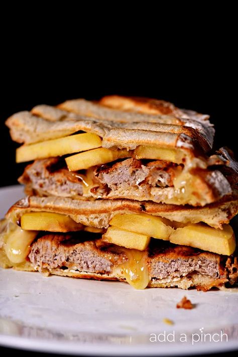 Pork Loin Apple Brie Panini Recipe - Add a Pinch Pork Panini Sandwiches, Brie Panini, Apple And Brie, Pork Apple, Apple Brie, Brie Sandwich, Panini Recipe, Chicken Salad Sandwich Recipe, Panini Recipes