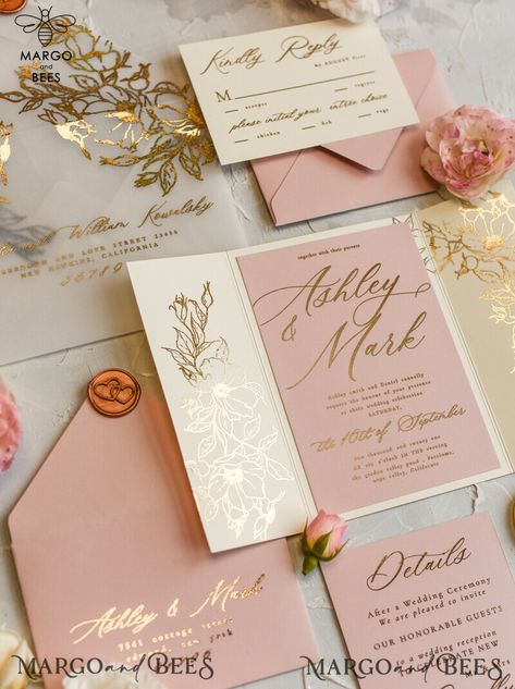 When it comes to planning a luxurious and glamorous wedding, every detail matters, especially the invitations. If you're looking to make a statement with your wedding stationery, consider the exquisite elegance of luxury gold foil wedding invitations. These invitations are the epitome of opulence, with their shimmering gold foil detailing that adds a touch of luxury and sophistication. The gold foil not only catches the light but also elevates the overall aesthetic of the invitation, making it a Pink Wedding Stationery, Blush Pink Wedding Invitations, Shine Wedding Invitations, Glamour Wedding, Rose Gold Wedding Invitations, Gold Foil Wedding Invitations, Blush Pink Wedding, Bespoke Wedding Invitations, Pink And Gold Wedding