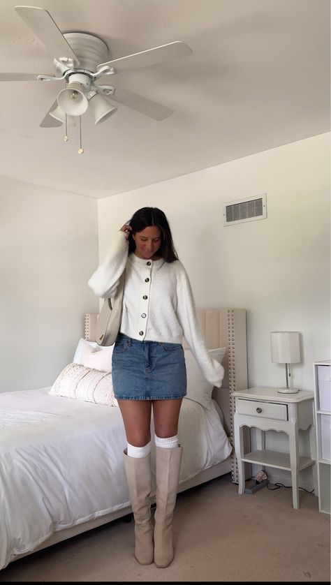 Women's Denim Mini Skirt curated on LTK Jean Mini Skirt Fall Outfit, Short Denim Skirt Outfits Winter, Denim Skirt With Cowboy Boots, Jean Skirt Winter Outfit, Fall Jean Skirt Outfits, Jean Skirt With Boots, Jean Skirt Outfits Winter, Short Jean Skirt Outfits, Jean Skirt Outfits Fall