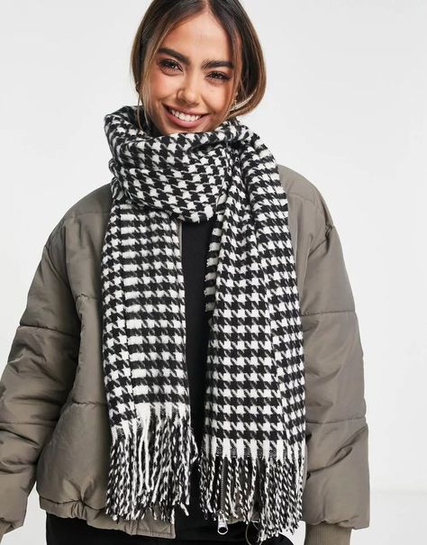 Add a stylish flair to any outfit with Scarf in this black and white Houndstooth design. This oversized scarf is as cosy and soft as it is eye-catching thanks to its brushed wool finish that makes it wonderfully tactile. #houndstooth #scarf Outfit With Scarf, Scarf Black And White, Houndstooth Scarf, Scarf Outfit, Hounds Tooth, Oversized Scarf, White Houndstooth, Birthday Wishlist, Scarfs