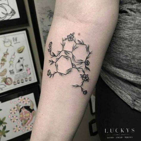 Dopamine Tattoo, Serotonin Tattoo, Dopamine And Serotonin, Chemistry Tattoo, Science Tattoo, Science Tattoos, Lucky Tattoo, Molecule Tattoo, Forearm Tattoo Design