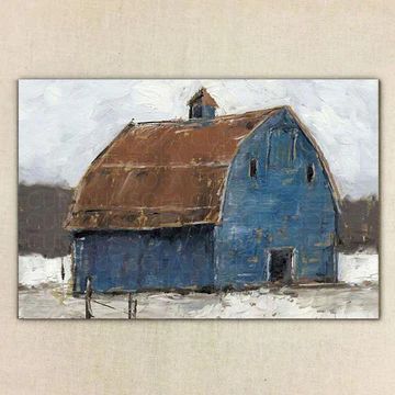 Snowy Field, Blue Barn, Brown Roof, Barn Painting, Rustic Blue, Rustic Wall Art, Pvc Pipe, Rustic Walls, New Wall