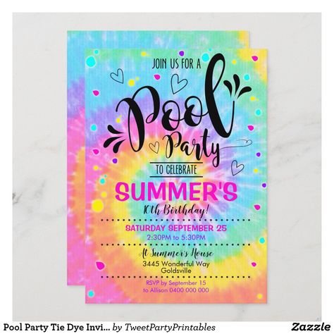 Tie Dye Birthday Party, Bowling Invitations, Bowling Birthday Invitations, Bowling Party Invitations, 10th Birthday Invitation, Tie Dye Birthday, Pool Party Birthday Invitations, 12 Birthday, Tie Dye Party