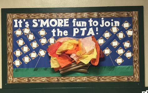 PTA s’mores/camping theme bulletin board. Pto Bulletin Board, Camping Bulletin Boards, September Bulletin Boards, Pta Bulletin Boards, Summer School Themes, Elementary School Bulletin Boards, Pta Membership, Back To School Displays, Bulletin Boards Theme