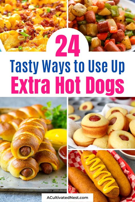 24 Tasty Recipes Using Leftover Hot Dogs- Don't know what to do with the hot dogs left over from your cookout? Here are many tasty recipes using leftover hot dogs! | #recipe #hotDogs #recipeIdeas #dinnerRecipes #ACultivatedNest Soup With Hot Dogs, Quick Hot Dog Recipes, Hot Dog Dishes Dinners, Appetizer With Hot Dogs, Leftover Hot Dog Recipes What To Do, Cheap Meals With Hotdogs, Chopped Hot Dog Recipes, Hot Dog Recipes Healthy, Polish Sausage Hot Dog Recipes