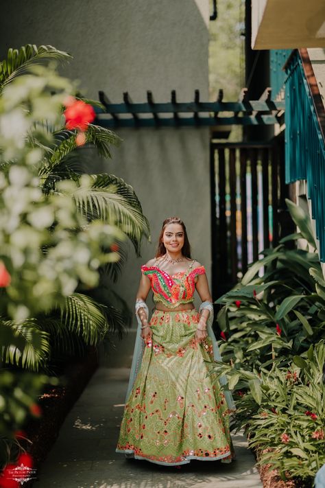 Colourful and quirky lehenga for the beach wedding mehendi ceremony Bridal Entry, Wedding Mehendi, Mehendi Outfit, Mehendi Ceremony, Navratri Dress, Navratri Chaniya Choli, Indian Wedding Outfits, Chaniya Choli, Wedding Outfits