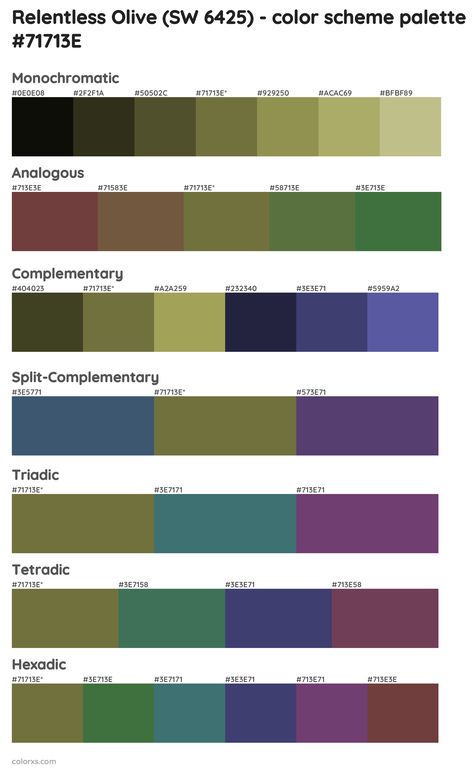 Relentless Olive (SW 6425) Color Scheme Palettes Color Wheel Olive Green, Olive Green Complementary Colors, Olive Complimentary Colors, Olive Green Pallet Color, Olive Green Complimentary Colors, Colors That Go With Olive Green, Olive Color Palette, Olive Green Color Palette, Olive Palette