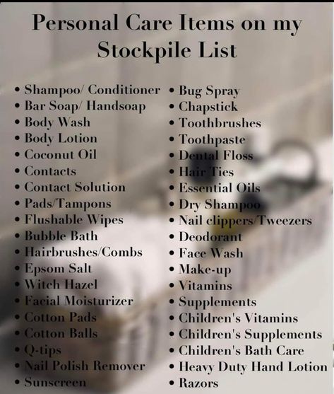 Emergency Stockpile List, Survival List Emergency Preparedness, Preppers Pantry Stockpile, Ww3 Prepping, Prepping Survival Emergency Preparedness, Manage Household, Stockpile List, Winter Survival Kit, Prepper Storage