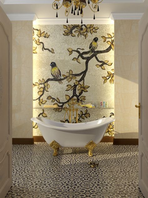 Installed Wall Mosaic Design - Mozaico Blog Sicis Mosaic, Tree Mosaic, Mosaic Birds, Mosaic Bathroom, Mosaic Murals, Bathroom Pictures, Diy Bathroom Decor, Mosaic Wall Art, Bathroom Wall Tile