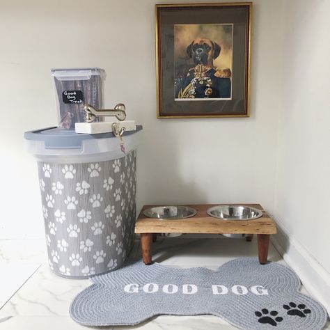 Small Space Dog Food Storage, Dog Dining Area, Dog Bed Corner, Dog Eating Area, Dog Feeding Area, Puppy Room Decor, Pet Storage Organization, Dog Food Area, Food Area