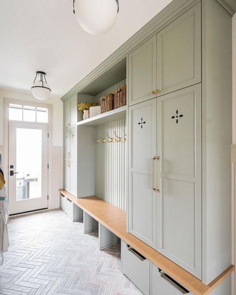 Michael Mudroom-Laundry Room • Instagram Brick Herringbone Floor, Mudroom Paint Color, Built In Lockers, Mudroom Cabinets, Mud Room Entry, Mudroom Lockers, Mudroom Organization, Mudroom Ideas, Mudroom Laundry Room