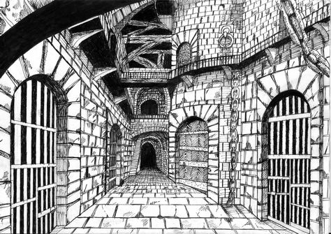 Impel Down, Fantasy Prison, Dungeon Drawing, Medieval Prison, Prison Design, Prison Drawings, Alluka Zoldyck, Classic Rpg, Drawing Scenery