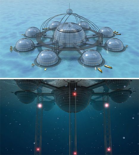 Sustainable Biosphere 3http://webecoist.momtastic.com/2014/03/12/underwater-living-self-sustainable-submerged-biosphere/ Floating Architecture, Future Buildings, Underwater City, Floating City, No Man's Sky, Building Concept, Science Fiction Books, Fantasy City, Futuristic City