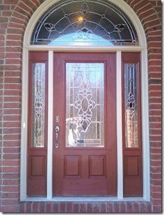 entry doors with sidelights | love the molding around both this red door {above} and the black ... How To Paint Front Door With Sidelights, Painted Front Doors With Sidelights, Red Front Door With Sidelights, Painting Front Door With Sidelights, Front Door With Sidelights Paint Ideas, Front Doors With Sidelights, How To Paint Front Door, Front Door Sidelights, Exterior Doors With Sidelights