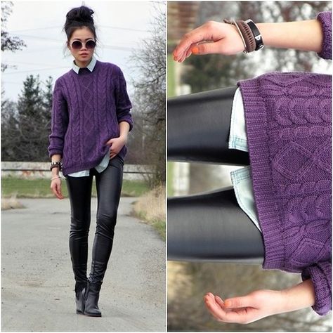 Violet Sweater Outfit, Plum Sweater Outfit, Sweater Outfit Winter, Coat Outfit Casual, Plum Sweater, Winter Sweater Outfits, Wet Look Leggings, Jumper Style, Sweater Outfit