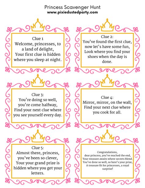 Princess Scavenger Hunt for Your Arizona Party Princess Scavenger Hunt Free Printable, Princess Scavenger Hunt, Arizona Party, Poppy Birthday, Princess Aurora, Event Ideas, 10th Birthday, Treasure Hunt, Princess Party