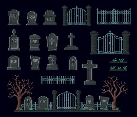 Vector cemetery 8bit pixel game assets g... | Premium Vector #Freepik #vector #tombstone #gravestone #grave #cemetery Graveyard Pixel Art, Pixel Graveyard, Pixel Art Assets, Cemetery Illustration, Video Game Assets, Graveyard Wallpaper, 2d Game Background, Pixel Game, Lovecraftian Horror