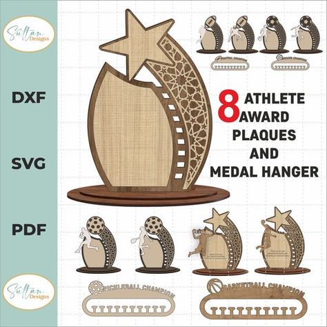 Laser cut files templates Wooden Award, Mom Frame, Laser Cut Decor, Award Trophy, Laser Cut Wood Crafts, Trophy Design, Medal Hanger, Laser Engraved Ideas, Awards Trophy