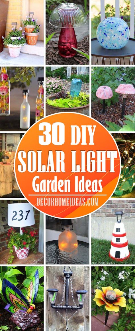 Solar Light Garden Ideas. Add more light to your garden or backyard with these creative DIY solar light ideas that are easy and cheap to do. #diy #solar #light #solarlight #garden #decorhomeideas Light Garden Ideas, Solar Light Ideas, Cheap Solar Lights, Best Outdoor Solar Lights, Solar Light Garden, Door Lighting, Solar Chandelier, Solar Yard Lights, Tattoo Plant