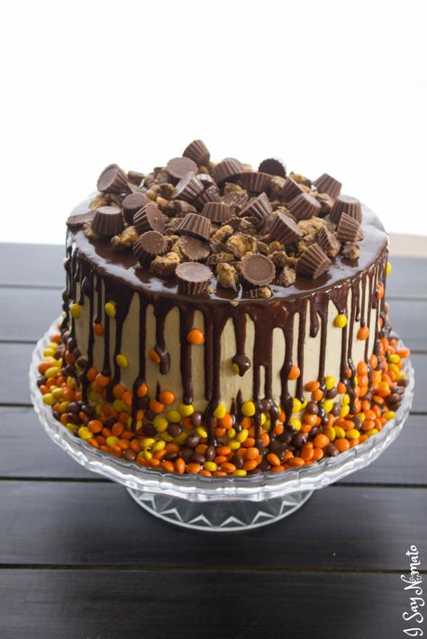 Chocolate and Peanut Butter Drip Cake | I Say Nomato Peanut Butter Drip Cake, Peanut Butter Birthday Cake, Drip Cake Recipes, Reeses Cake, Chocolate Peanut Butter Cake, Chocolate And Peanut Butter, Peanut Butter Cake, Candy Cakes, Birthday Cake Chocolate