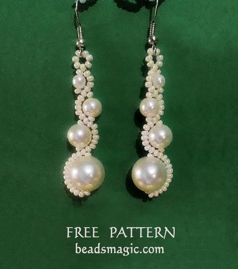 Free pattern for beaded earrings White Moon   U need: seed beads 11/0 pearls 4mm, 6mm, 8 mm, 10 mm Seed Bead Tutorials, Beaded Earrings Tutorials, White Moon, Beading Patterns Free, Seed Bead Tutorial, Beaded Earrings Patterns, Beaded Bracelet Patterns, Earring Tutorial, Beaded Jewelry Patterns