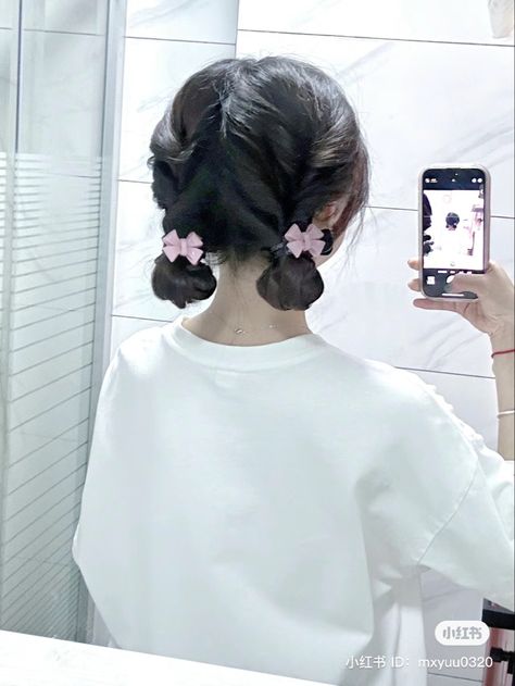 Cute Korean Bun Hairstyles, Twin Buns Hairstyles, Cute Hairstyles Bun, Short Updo Hairstyles, 2 Buns Hairstyle, Short Updo, 2 Buns, Cute Bun, Hairstyles Anime