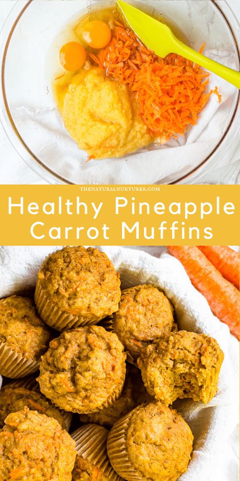 Healthy Pineapple Carrot Muffins are easy to make and perfectly moist! Loaded with shredded carrots, naturally sweetened with honey + fruit, and made with whole grains. The perfect healthy breakfast muffin. #veggieloaded Pineapple Carrot Muffins, Carrot Pineapple Muffins, Pineapple Muffins, Natural Nurturer, Breakfast Muffin, Perfect Healthy Breakfast, Healthy Breakfast Muffins, Carrot Cake Muffins, Carrot Muffins