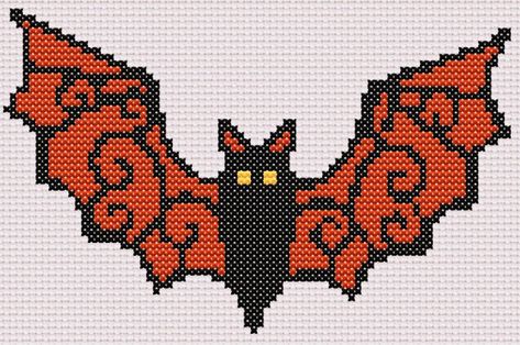 For sale is this cute Halloween bat counted cross stitch pattern. This pattern is simple to make - great for beginners!   It is made with DMC floss. It is an instant download when purchased. Comes with a color coded chart with symbols and DMC thread numbers and a black and white chart. Actual size will vary by size of Aida cloth used. Stitch count is 86 x 56. Happy Stitching! Dmc Cross Stitch Patterns Free, Cross Stitch Patterns Fall, One Color Cross Stitch Pattern, Cross Stitch Halloween Patterns, Halloween Pixel Art Grid, Perler Beads Halloween, Cross Stitch Bat, Halloween Alpha Pattern, Cross Stitch Patterns Free Printable