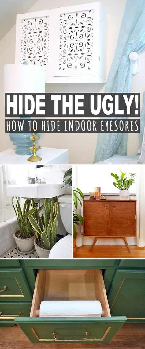 Hide the Ugly (How to Hide Indoor Eyesores)! • Come check out this post to see all the projects, tips and tutorials from bloggers around the web. Hide cords, a/c units, pipes, popcorn ceilings  & pretty much any eyesore you can think of! #hideindooreyesores #hidetheugly #hideclutter #hideuglystuff #hideeyesores #diystorage Air Conditioner Hide, Laundry Room Hacks, Hiding Ugly, Hide Cords, Air Conditioner Units, Décor Diy, Ikea Hacks, Organization Ideas, Diy Storage