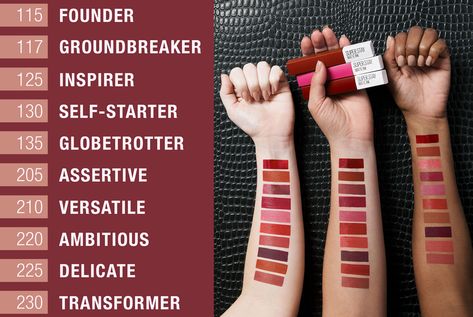 Super Stay Matte Ink Swatches, Ink Swatches, Maybelline Super Stay Matte Ink, Maybelline Superstay Matte Ink, Maybelline Lipstick, Lip Colours, Lipstick For Dark Skin, Dream Makeup, Crayon Lipstick