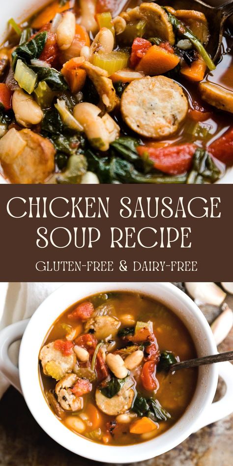 Italian Chicken Sausage Soup is the perfect meal for a cold winter day! It's hearty, satisfying, and packed with flavor! Plus, it only takes about 20 minutes to prepare, and you only need a few simple ingredients like carrots, celery, garlic, and onions. Sausage Vegetable Soup Recipes, Chicken Sausage Soup Crockpot, Chicken Apple Sausage Soup, Soup With Chicken Sausage, Italian Chicken Sausage Soup, Sausage Soup Crockpot, Chicken Sausage Soup, Sausage And Bean Soup, Soup Recipes Simple