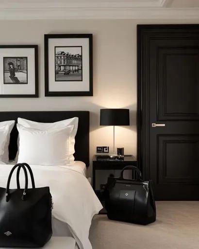 ↑↑↑ Larger size on website 🔸 A stylish bedroom with a black and white color scheme. A large bed with white linens and a black hea 🔸 From Midjourney AI Image Linen And Black Bedroom, Paris Modern Bedroom, Parisian Bedroom Design, Black And White Luxury Bedroom, Rich Bedroom Luxury Black, White And Black Interior Design, Black And White Bedroom Aesthetic, Black And Neutral Bedroom, Modern Parisian Bedroom