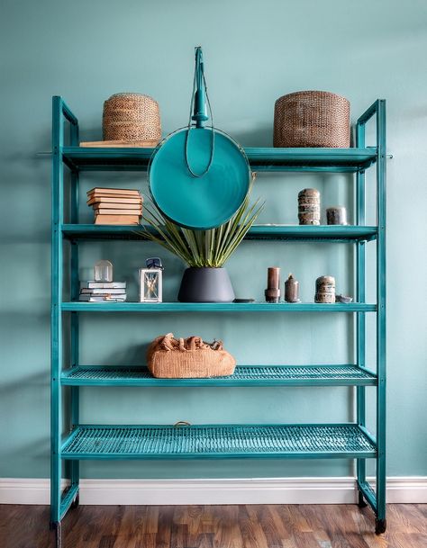 Industrial Teal Pipe Shelving Teal Living Room Ideas, Modern Outdoor Firepit, Office Bedroom Ideas, Teal Living Room, Yellow Accent Walls, Pipe Shelving, Teal Living Rooms, Teal Decor, Living Room Wall Color