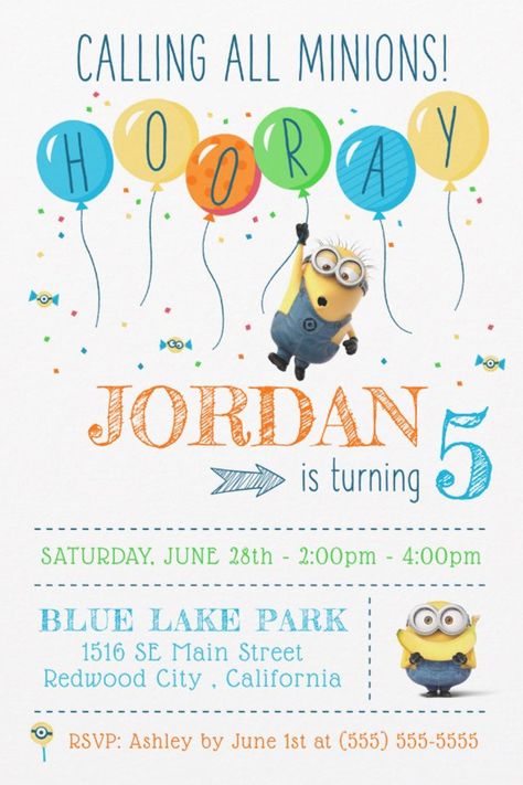 Despicable Me | Minion Balloon Birthday Invitation
Minions Franchise © Universal City Studios LLC. All Rights Reserved. Invite all your family and friends to your child's Despicable Me themed Birthday party with these cute Minion invites. Personalize by adding all your party details. Minion Party Invitations, Cute Birthday Invitations, Minion Balloons, Minions Birthday Theme, Minion Invitation, Minion Birthday Invitations, Minions Birthday, Minion Theme, Minion Birthday Party