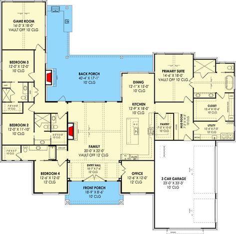 4-Bedroom Single-Story Transitional Farmhouse with a Home Office and an Outdoor Fireplace (Floor Plan) Floor Plan With Office, Grand Fireplace, Desired Features, Vaulted Family Room, Red Canyon, Transitional Farmhouse, Primary Suite, Farmhouse Plan, Family House Plans