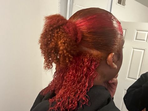 Ginger N Pink Hair, Ginger Hair With Pink Skunk Stripe, Red And Brown Dyed Hair, Ginger And Pink Hair Dye, Peekaboo Hair Color Ginger, Pink And Brown Hair Dye, Pink And Ginger Hair Black Women, Red With Orange Highlights, Ginger And Burgundy Hair Black Women