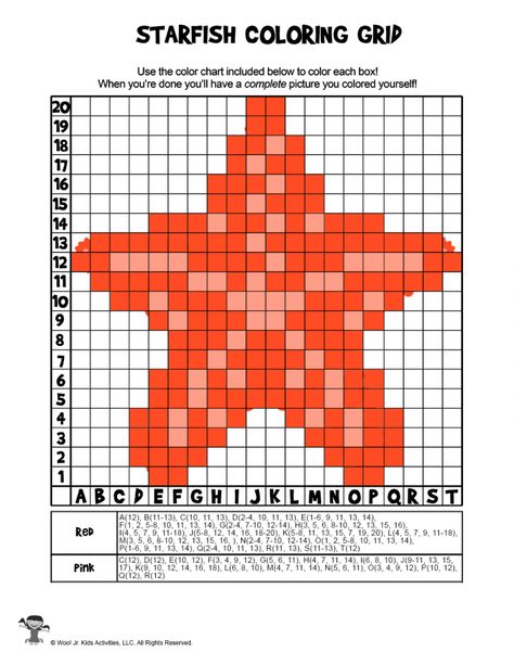 Summer Mystery Pictures Pixel Grid Coloring Pages | Woo! Jr. Kids Activities Starfish Perler Beads, Starfish Cross Stitch, Perler Bead Beach Patterns, Grid Coloring Pages, Grid Coloring, Ocean Starfish, Pixel Grid, Cross Stitch Sea, Beaded Starfish