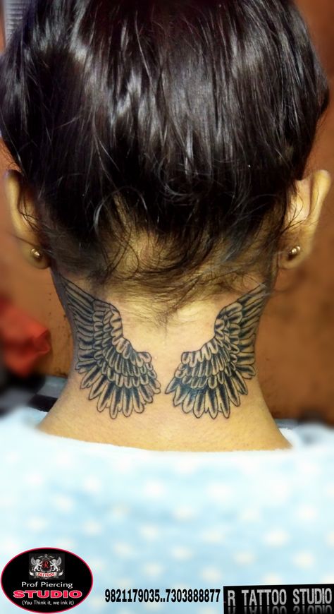 Wings Tattoo On Neck For Women, Neck Wing Tattoos Women, Wings On Neck Tattoo For Women, Angel Wings Behind Neck Tattoo, Wing Neck Tattoo For Women, Wings Upper Back Tattoo, Angel Wings Back Of Neck Tattoo, Neck Tattoo Angel Wings, Angel Wing Neck Tattoo